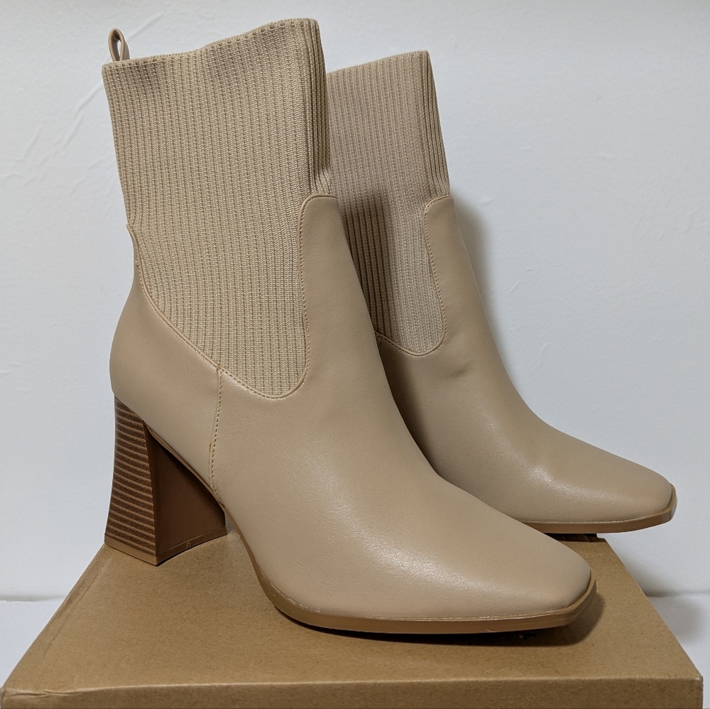 SZ 11 Coutgo Women's Square Toe Ankle Boot Stacked Block Heel Slip On Boots
